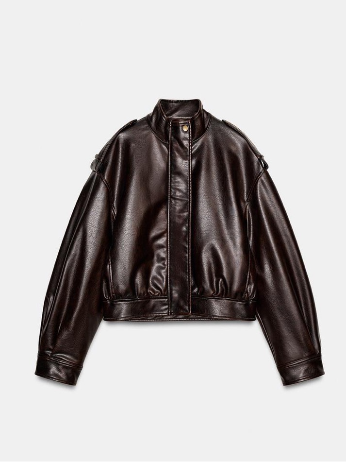Zara Dark Brown Faux Leather Bomber Jacket
